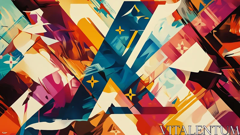 Dynamic geometric abstraction explodes in vivid intersecting color.