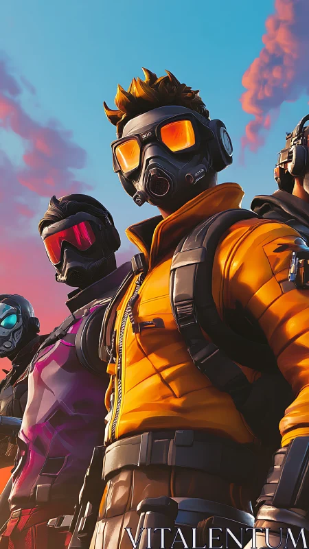 Squad of masked fighters stands in stylized sunset sky