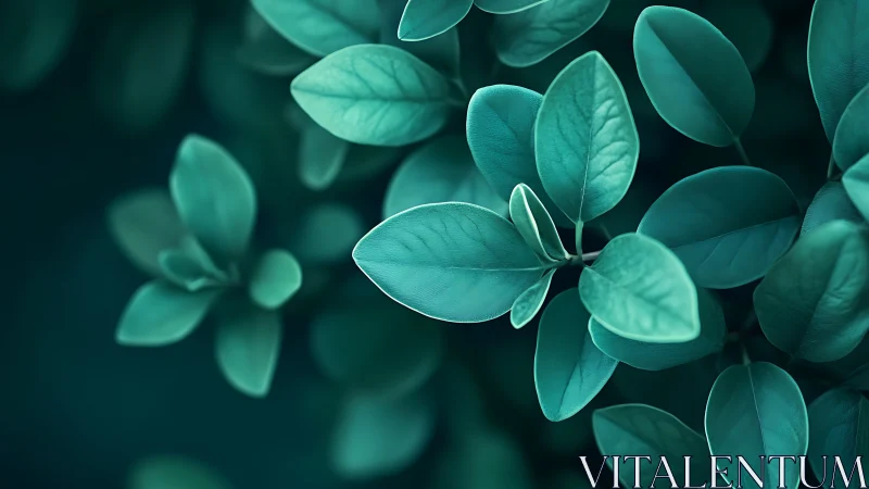 Teal-toned leaves drift in soft, atmospheric focus.
