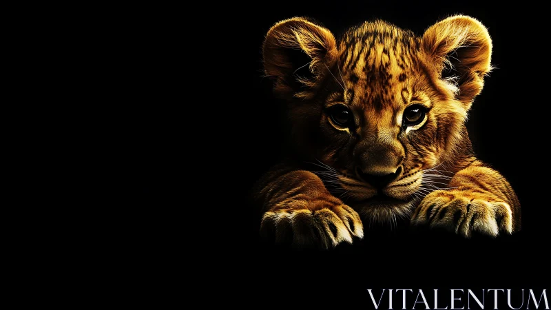 Gentle lion cub glows softly against a deep black background