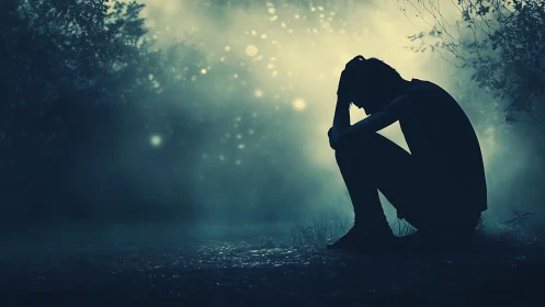 Quiet night solace with a reflective silhouette in misty light.