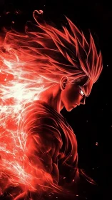 Fiery anime warrior channels intense energy in glowing red aura