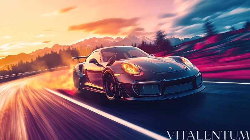 Digital sports car racing through neon sunset mountainscape.