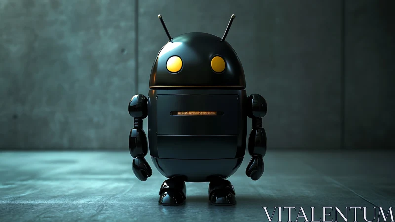 Sleek black android robot rendered in high-contrast 3D lighting