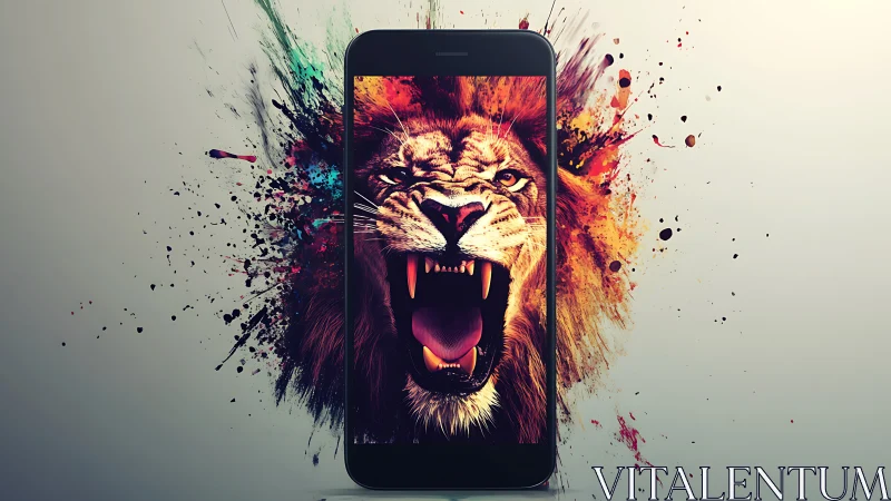 Roaring lion erupts through smartphone screen in vivid splatter art