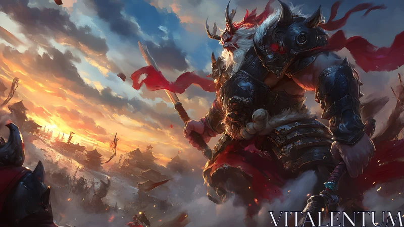 Warrior overlord strides through burning battlefield at dusk