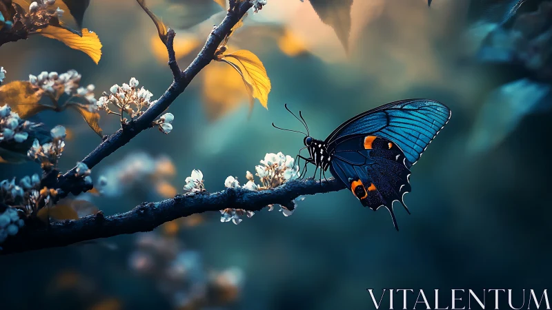 Butterfly rests on flowering branch under diffused backlight