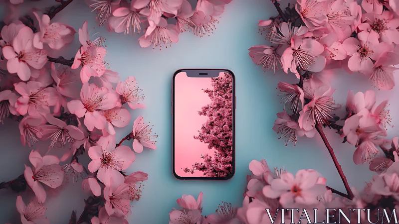 Smartphone Centered in Blossoming Pink Floral Canopy with Gradient Sky