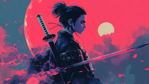 Samurai profile with drawn katana against dual moons.