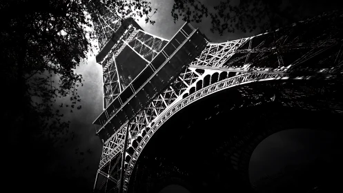 High-contrast structural study of illuminated iron lattice tower.