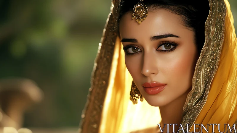 Portrait of elegant woman in golden traditional attire.