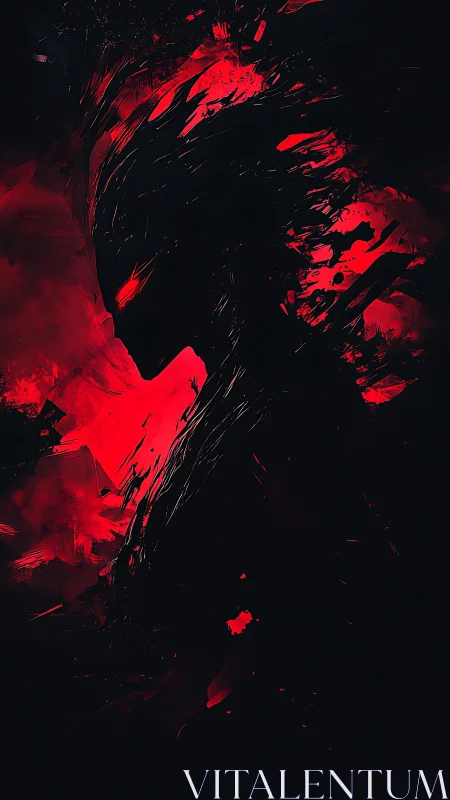 Aggressive red-black abstraction forms a dynamic, clawed silhouette