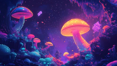 Glowing forest mushrooms light a dreamy neon night sky