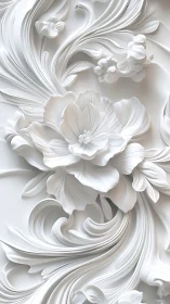 Relief-style white floral forms render controlled flowing curves