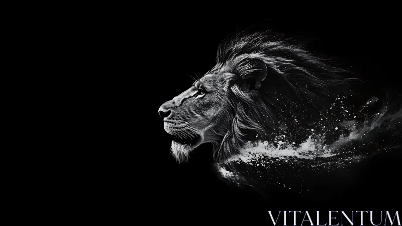 Monochrome lion profile with particle dispersion effect on black
