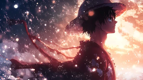 Straw hat hero silhouettes against blazing sunset storm