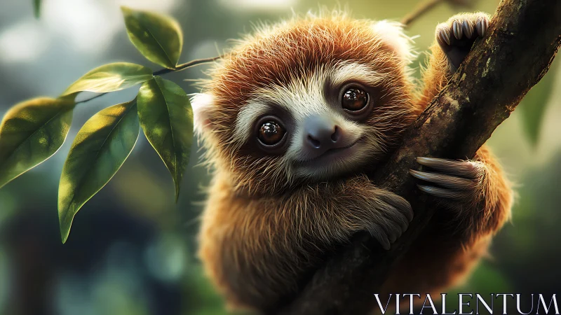 Shy rainforest sloth clings to sunlit branch with wonder.