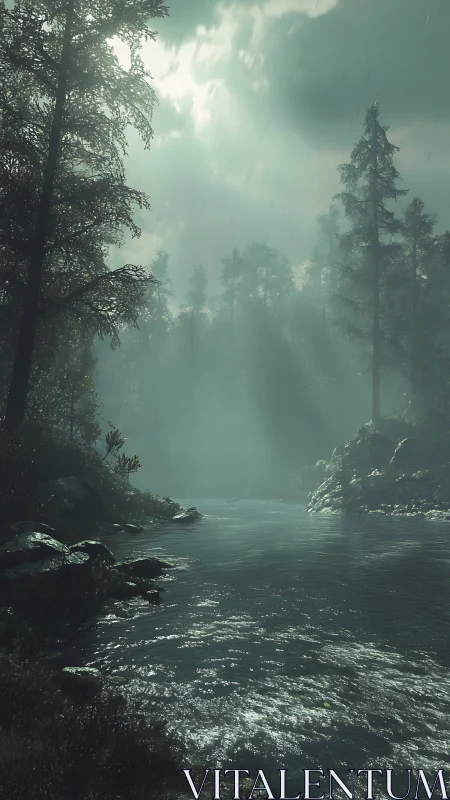 Misty Forest River with Coniferous Trees