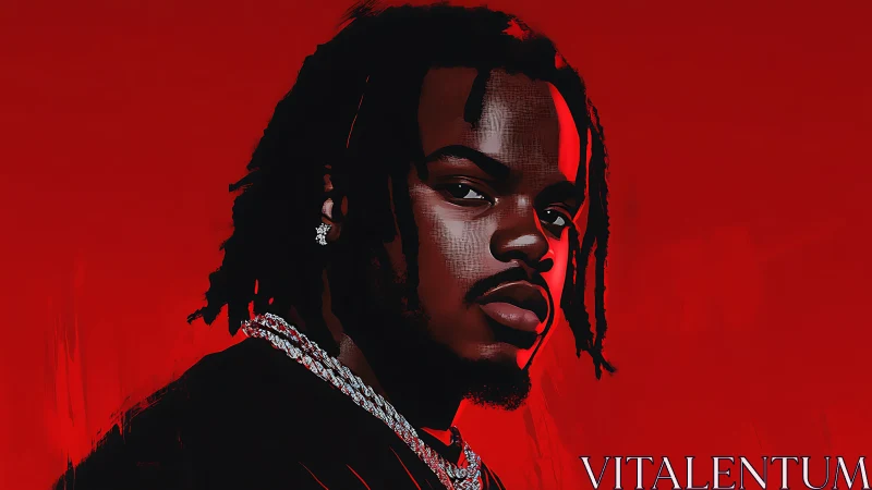 Bold digital portrait of man in chains on red background.