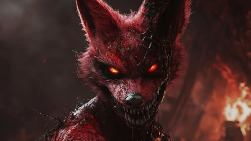 Demonic fox creature glares in firelit, blood-red darkness