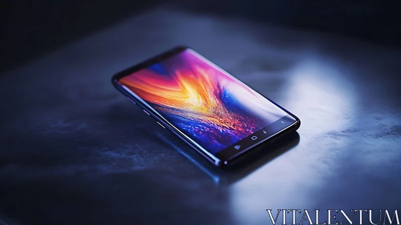 Bezel-less smartphone glowing on reflective dark surface.