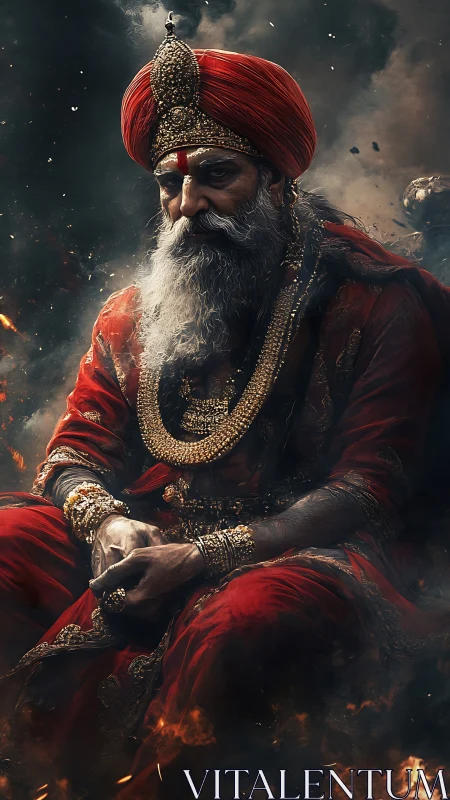 Elderly turbaned man sits in ornate red garments and jewelry