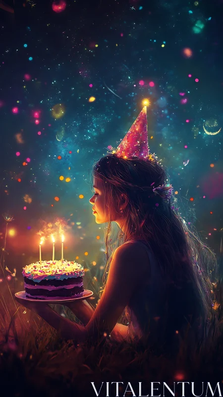 Girl Celebrating with Glowing Birthday Cake in Magical Cosmic Scene