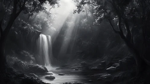 Forest Waterfall with Crepuscular Light Rays.