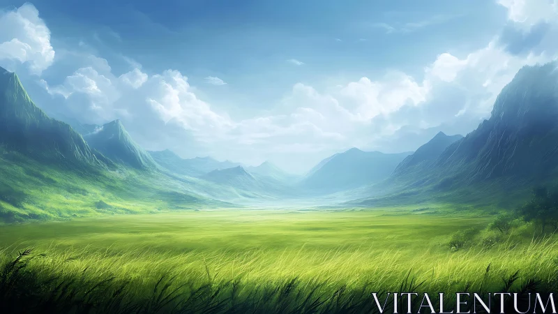 Emerald valley breathing under daydream-tall mountain walls.