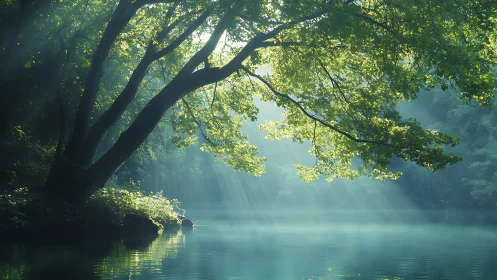 Serene sunlit tree over misty lake in tranquil nature scene.