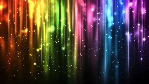Vertical neon spectrum streaks glow over dark cosmic field.