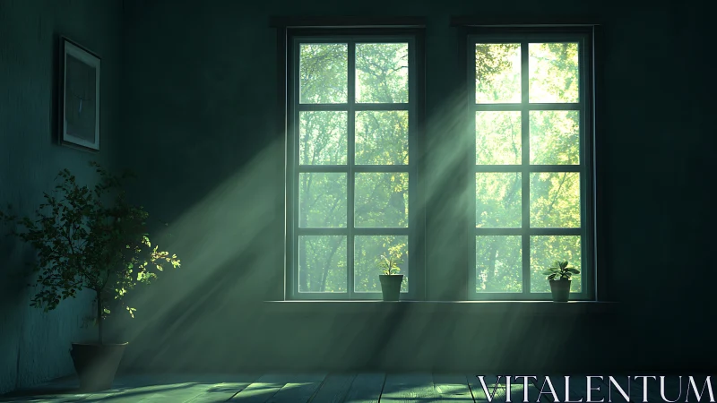 Volumetric sunlight through dual windows onto indoor plants