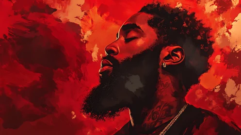 Calm portrait of a man in vivid red clouds of emotion