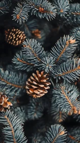 Macro winter spruce needles with detailed pine cone cluster