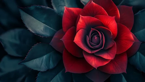 Deep Red Rose with Layered Petals Against Teal Foliage.
