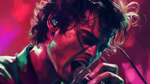 Dynamic close-up digital portrait of singer under neon concert light