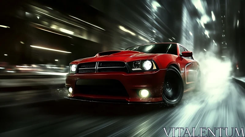 Red muscle car racing through wet night city streets.