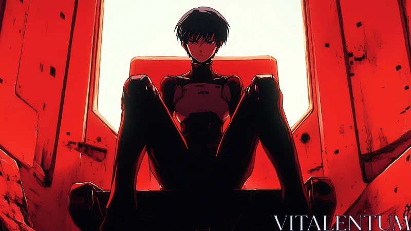 Solitary pilot figure seated in red mechanical cockpit space.