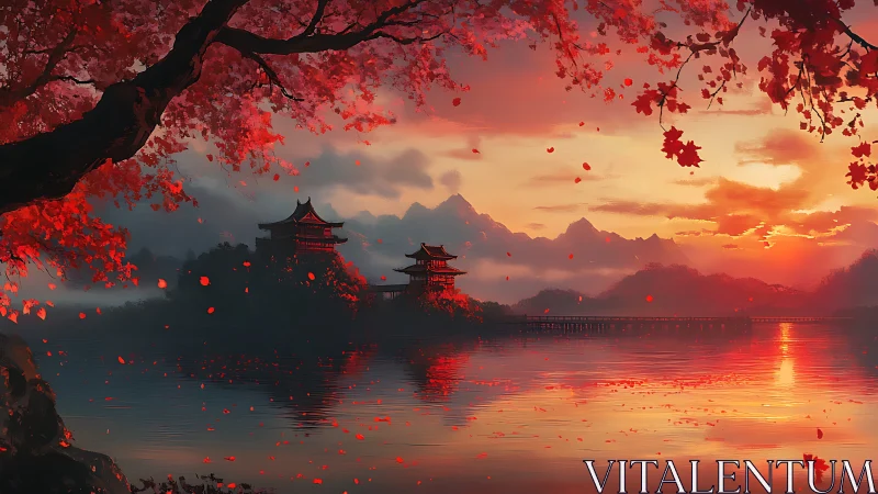 Red maple trees frame lakeside pagodas at sunset over water