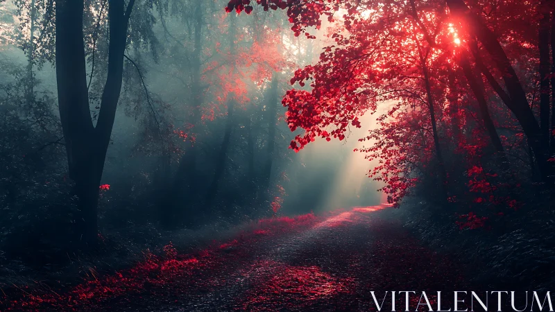 Forest Pathway with Crimson Foliage Canopy and Golden Hour Backlighting