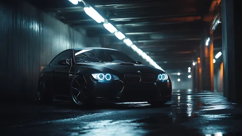 Wet asphalt night shot of black BMW coupe with blue halos