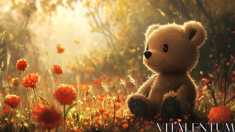 Teddy bear in golden backlit meadow with warm bokeh glow.
