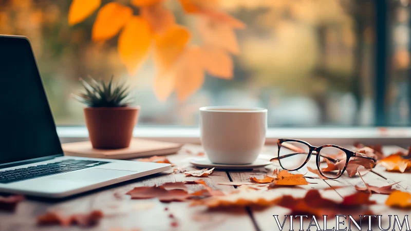 Cozy autumn workspace with laptop, coffee, and fallen leaves.