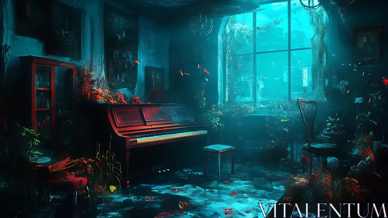 Haunting underwater piano room glows in eerie cyan light