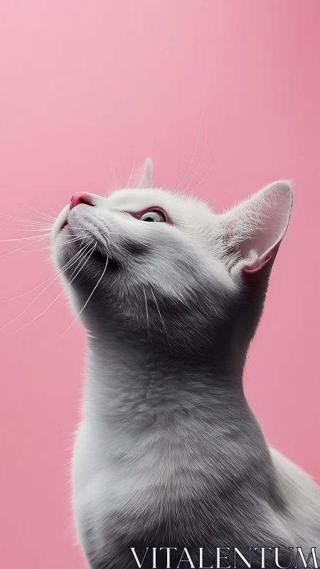 White cat photographed against pink background looking upward.