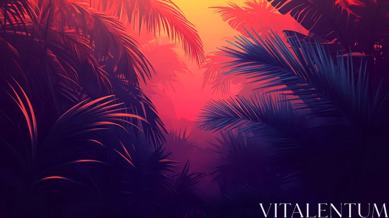Digital foliage scene shows layered tropical plants at dusk