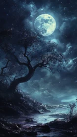 Moonlit river glows beneath twisted spectral tree.