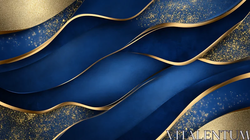 Layered cobalt ribbons with metallic gold particulate contours.