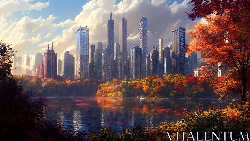 Autumn city skyline reflected across calm urban lake.