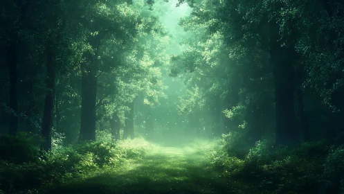 Misty Forest Path Through Dense Green Woodland.